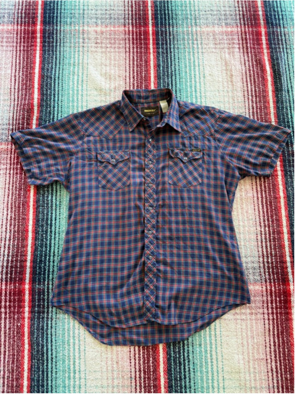 Vintage Sears Roebucks Blue/Red Plaid Short Sleeve Pearl Snap Western Shirt XL